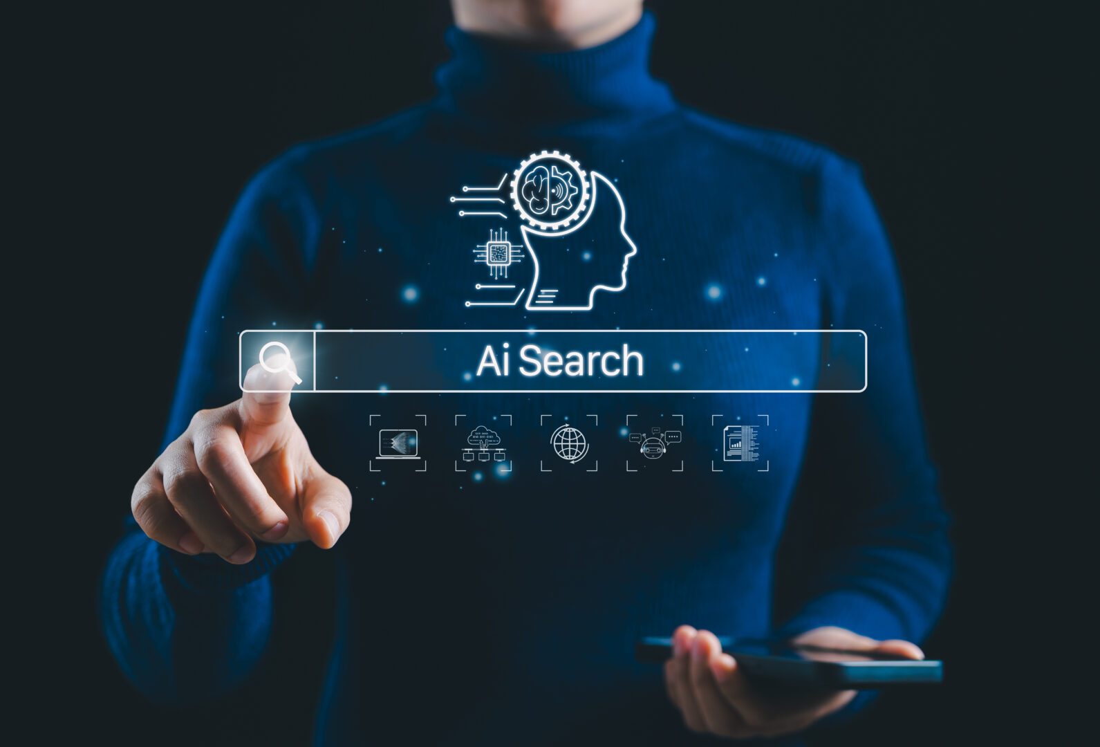 AI Search Interface and Smart Technology Concept. A person interacts with AI search bar and digital icon, machine learning, data networks, and global connectivity, symbolizing smart search technology.
